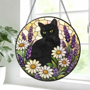 Black Cat Stained Glass Suncatcher, Floral Window Hanging, Gift For Cat Lovers, Round Cat Stained Glass - Style 2