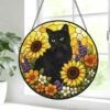 Black Cat Stained Glass Suncatcher, Floral Window Hanging, Gift For Cat Lovers, Round Cat Stained Glass - Style 3
