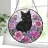 Black Cat Stained Glass Suncatcher, Floral Window Hanging, Gift For Cat Lovers, Round Cat Stained Glass - Style 4