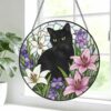 Black Cat Stained Glass Suncatcher, Floral Window Hanging, Gift For Cat Lovers, Round Cat Stained Glass - Style 5