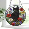 Black Cat Stained Glass Suncatcher, Floral Window Hanging, Gift For Cat Lovers, Round Cat Stained Glass - Style 6