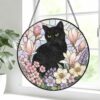 Black Cat Stained Glass Suncatcher, Floral Window Hanging, Gift For Cat Lovers, Round Cat Stained Glass - Style 7
