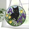Black Cat Stained Glass Suncatcher, Floral Window Hanging, Gift For Cat Lovers, Round Cat Stained Glass - Style 8