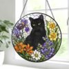 Black Cat Stained Glass Suncatcher, Floral Window Hanging, Gift For Cat Lovers, Round Cat Stained Glass - Style 9