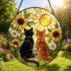 Black Orange Cat Couple Garden Suncatcher Tabby Cat Stained Glass Window Hanging Glass Mom Grandma Gift For Her Friends - Style 1
