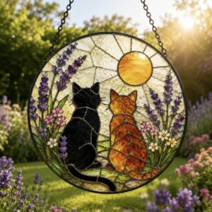 Black Orange Cat Couple Garden Suncatcher Tabby Cat Stained Glass Window Hanging Glass Mom Grandma Gift For Her Friends - Style 2