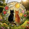 Black Orange Cat Couple Garden Suncatcher Tabby Cat Stained Glass Window Hanging Glass Mom Grandma Gift For Her Friends - Style 4