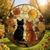 Black Orange Cat Couple Garden Suncatcher Tabby Cat Stained Glass Window Hanging Glass Mom Grandma Gift For Her Friends - Style 5