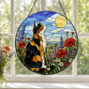 Calico Cat Stained Glass Suncatcher, Wildflower Meadow Cat, Floral Window Hanging, Nature Cat Decor, Cat Lover Gift - Style 1