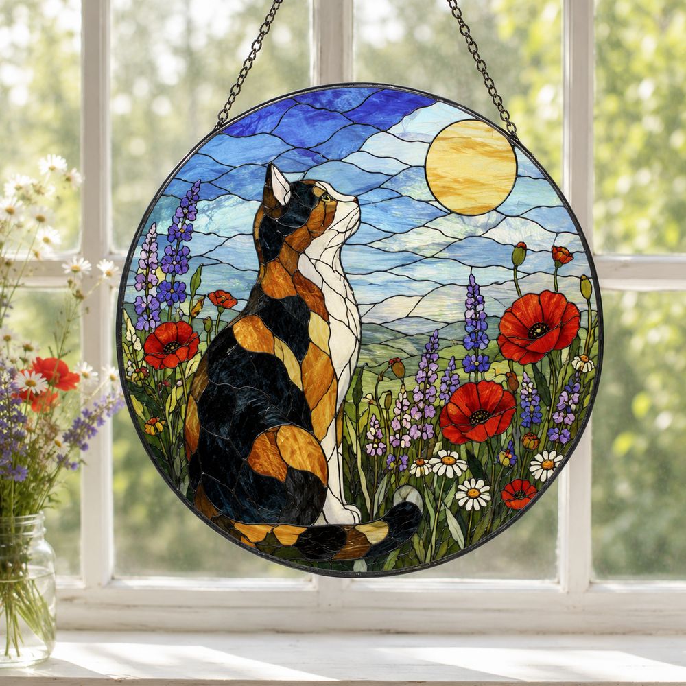 Calico Cat Stained Glass Suncatcher, Wildflower Meadow Cat, Floral Window Hanging, Nature Cat Decor, Cat Lover Gift - Style 1