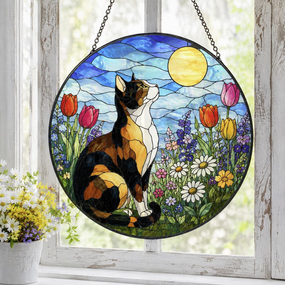 Calico Cat Stained Glass Suncatcher, Wildflower Meadow Cat, Floral Window Hanging, Nature Cat Decor, Cat Lover Gift - Style 10