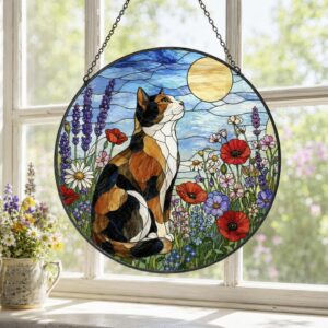 Calico Cat Stained Glass Suncatcher, Wildflower Meadow Cat, Floral Window Hanging, Nature Cat Decor, Cat Lover Gift - Style 2