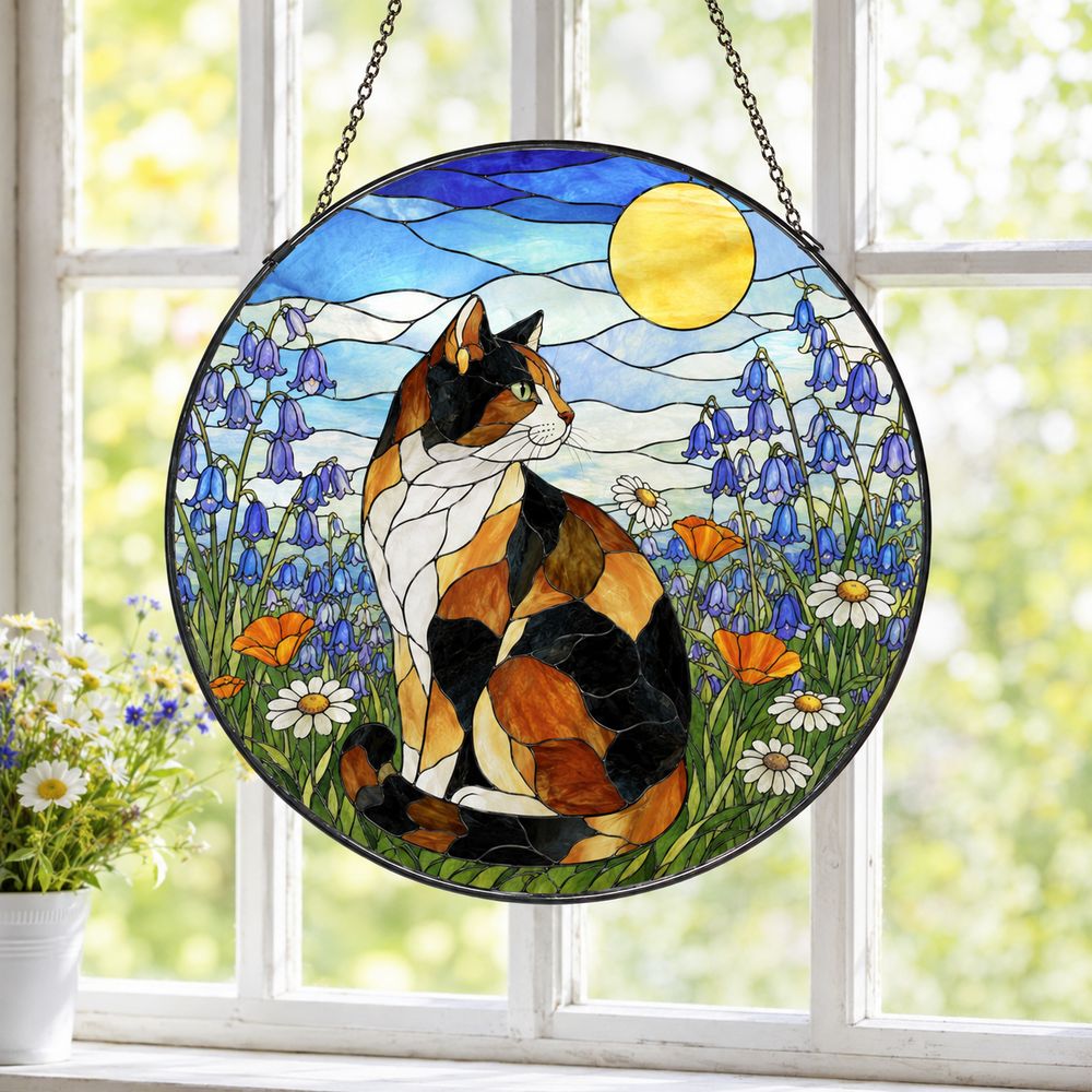 Calico Cat Stained Glass Suncatcher, Wildflower Meadow Cat, Floral Window Hanging, Nature Cat Decor, Cat Lover Gift - Style 3
