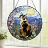 Calico Cat Stained Glass Suncatcher, Wildflower Meadow Cat, Floral Window Hanging, Nature Cat Decor, Cat Lover Gift - Style 4