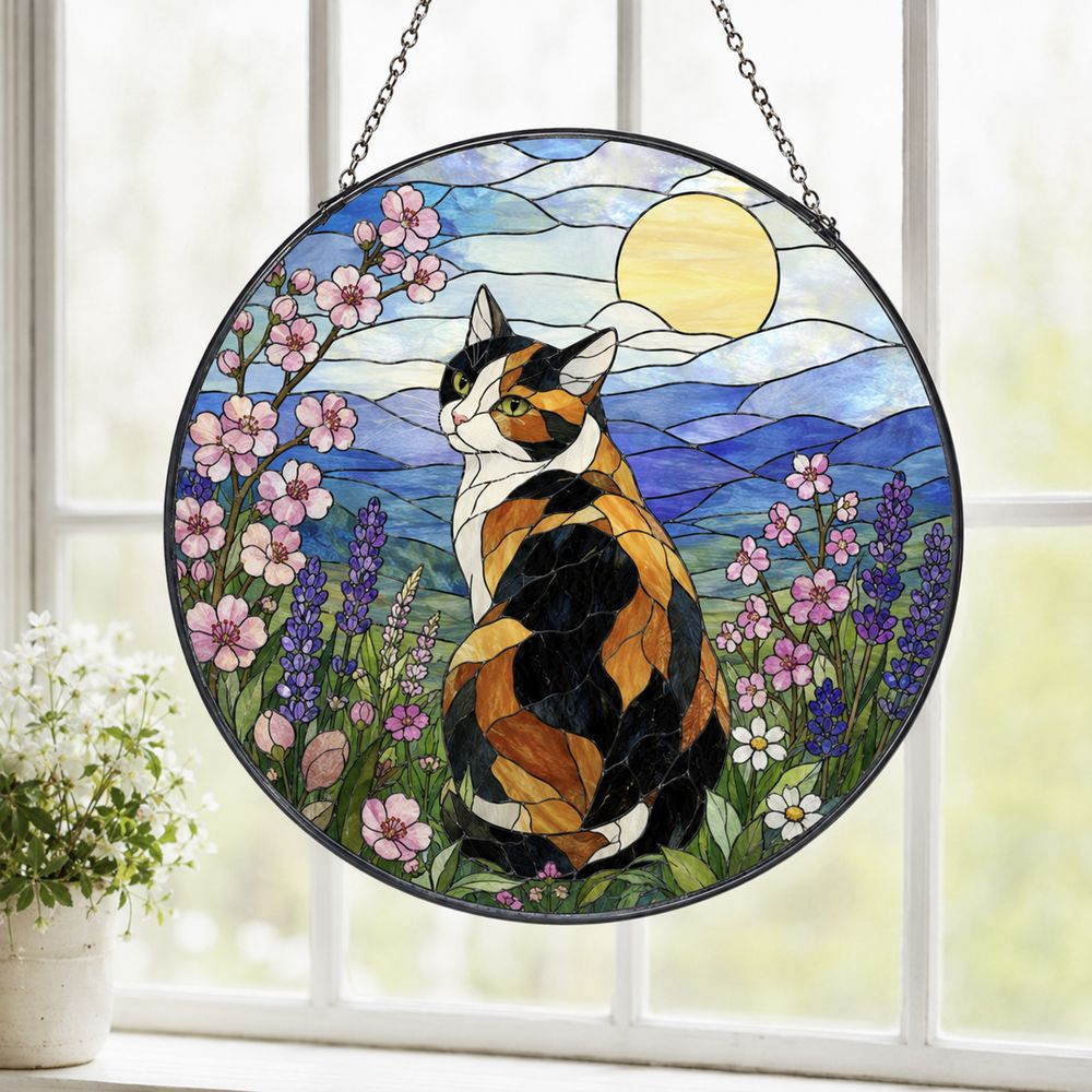Calico Cat Stained Glass Suncatcher, Wildflower Meadow Cat, Floral Window Hanging, Nature Cat Decor, Cat Lover Gift - Style 4