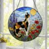 Calico Cat Stained Glass Suncatcher, Wildflower Meadow Cat, Floral Window Hanging, Nature Cat Decor, Cat Lover Gift - Style 5