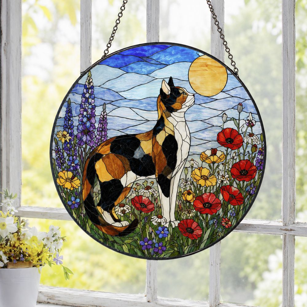 Calico Cat Stained Glass Suncatcher, Wildflower Meadow Cat, Floral Window Hanging, Nature Cat Decor, Cat Lover Gift - Style 5