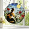 Calico Cat Stained Glass Suncatcher, Wildflower Meadow Cat, Floral Window Hanging, Nature Cat Decor, Cat Lover Gift - Style 6