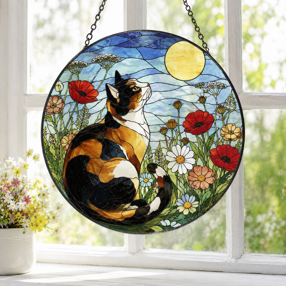 Calico Cat Stained Glass Suncatcher, Wildflower Meadow Cat, Floral Window Hanging, Nature Cat Decor, Cat Lover Gift - Style 6
