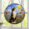 Calico Cat Stained Glass Suncatcher, Wildflower Meadow Cat, Floral Window Hanging, Nature Cat Decor, Cat Lover Gift - Style 7