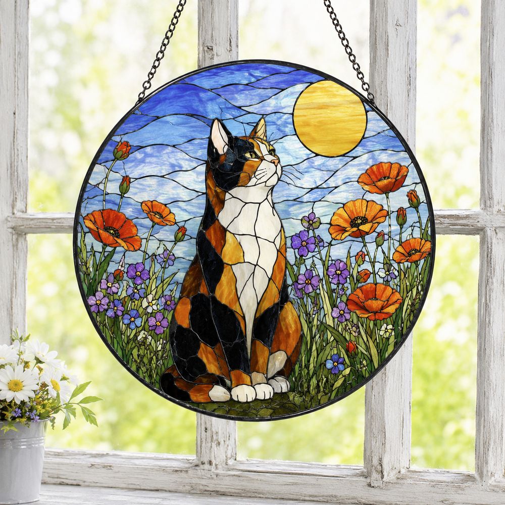 Calico Cat Stained Glass Suncatcher, Wildflower Meadow Cat, Floral Window Hanging, Nature Cat Decor, Cat Lover Gift - Style 7