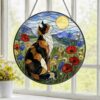 Calico Cat Stained Glass Suncatcher, Wildflower Meadow Cat, Floral Window Hanging, Nature Cat Decor, Cat Lover Gift - Style 8