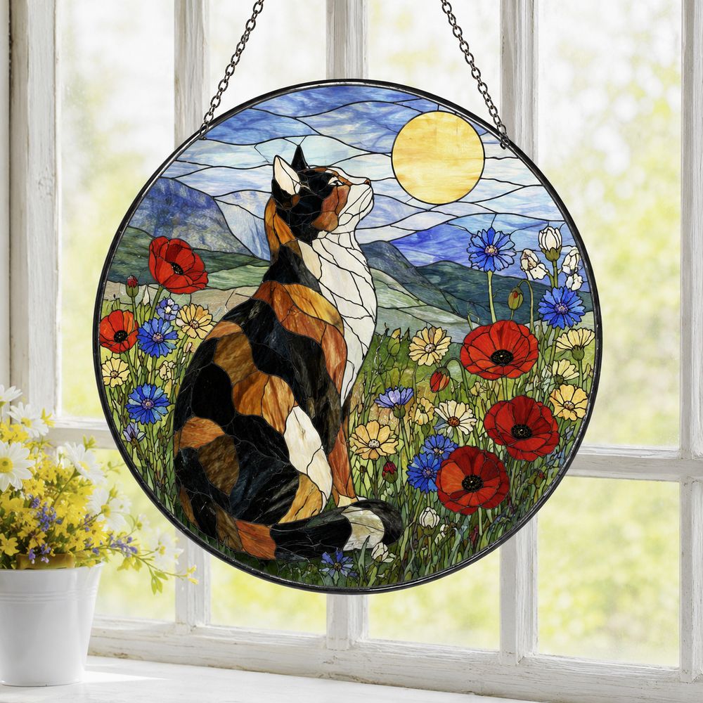 Calico Cat Stained Glass Suncatcher, Wildflower Meadow Cat, Floral Window Hanging, Nature Cat Decor, Cat Lover Gift - Style 8