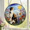Calico Cat Stained Glass Suncatcher, Wildflower Meadow Cat, Floral Window Hanging, Nature Cat Decor, Cat Lover Gift - Style 9