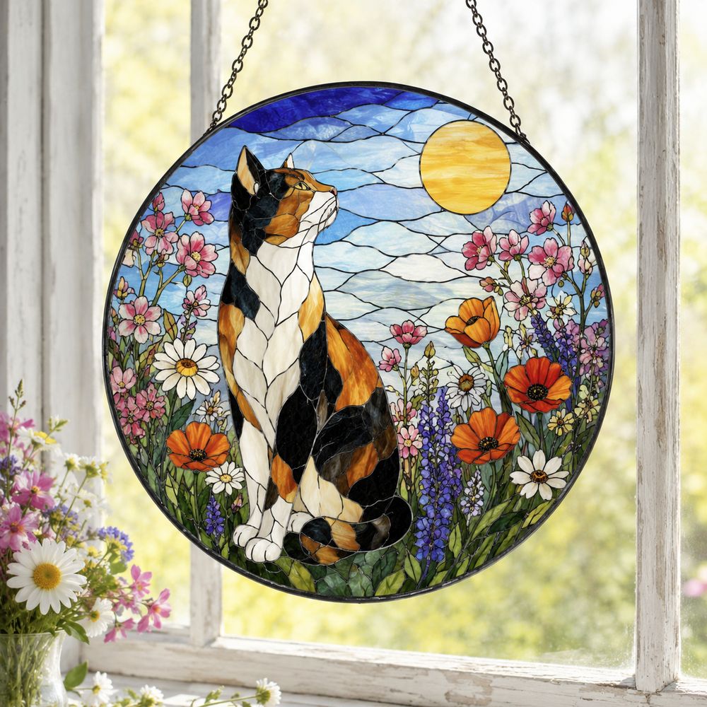 Calico Cat Stained Glass Suncatcher, Wildflower Meadow Cat, Floral Window Hanging, Nature Cat Decor, Cat Lover Gift - Style 9