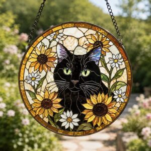 Cat Among Flowers Stained Glass Style Suncatcher, Window Decor, Home Decoration, Gift For Cat Lovers And Garden Enthusiasts - Style 1