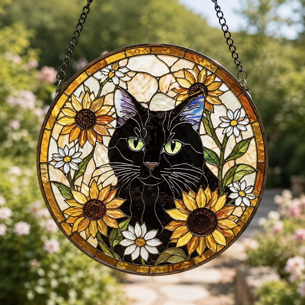 Cat Among Flowers Stained Glass Style Suncatcher, Window Decor, Home Decoration, Gift For Cat Lovers And Garden Enthusiasts - Style 1