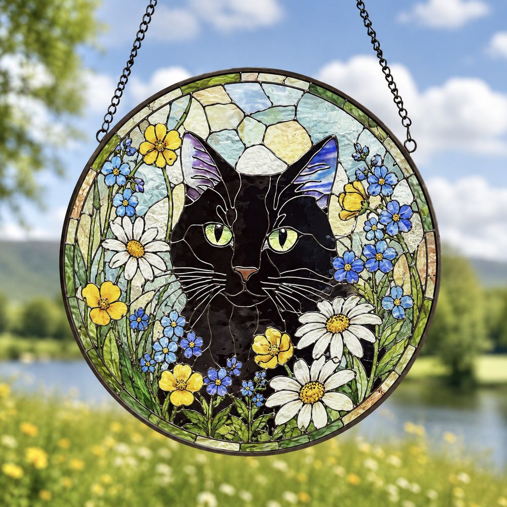 Cat Among Flowers Stained Glass Style Suncatcher, Window Decor, Home Decoration, Gift For Cat Lovers And Garden Enthusiasts - Style 10