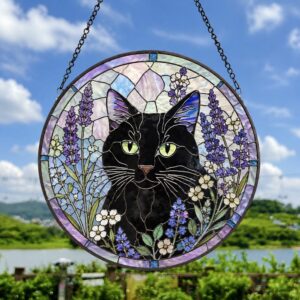 Cat Among Flowers Stained Glass Style Suncatcher, Window Decor, Home Decoration, Gift For Cat Lovers And Garden Enthusiasts - Style 2
