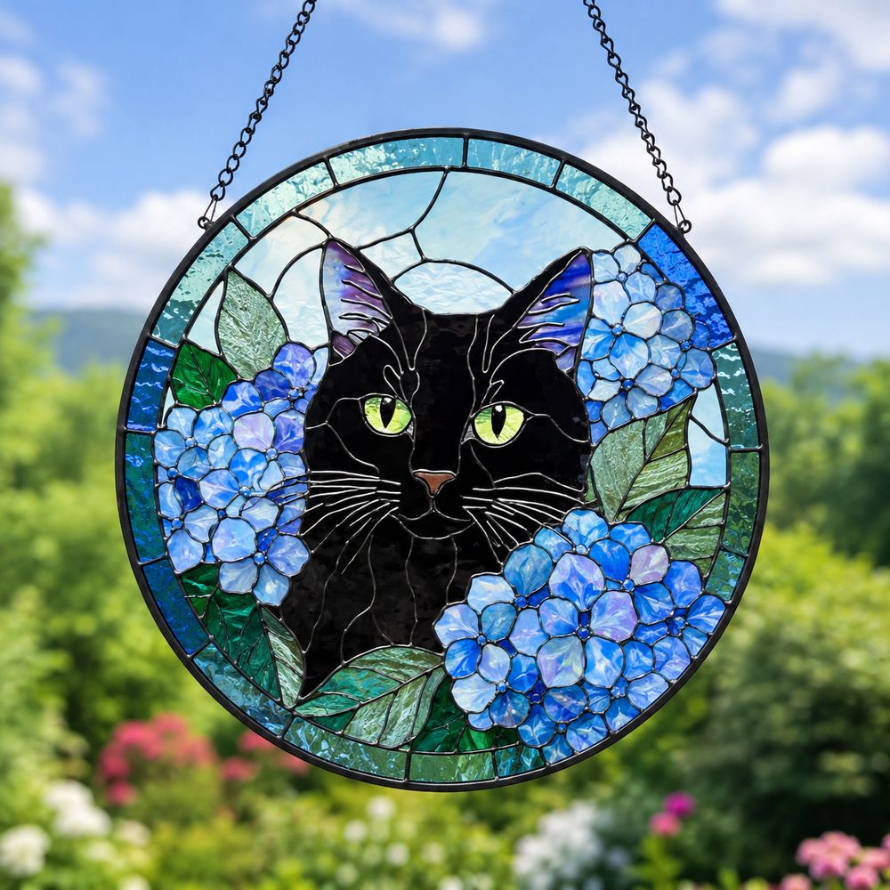 Cat Among Flowers Stained Glass Style Suncatcher, Window Decor, Home Decoration, Gift For Cat Lovers And Garden Enthusiasts - Style 4