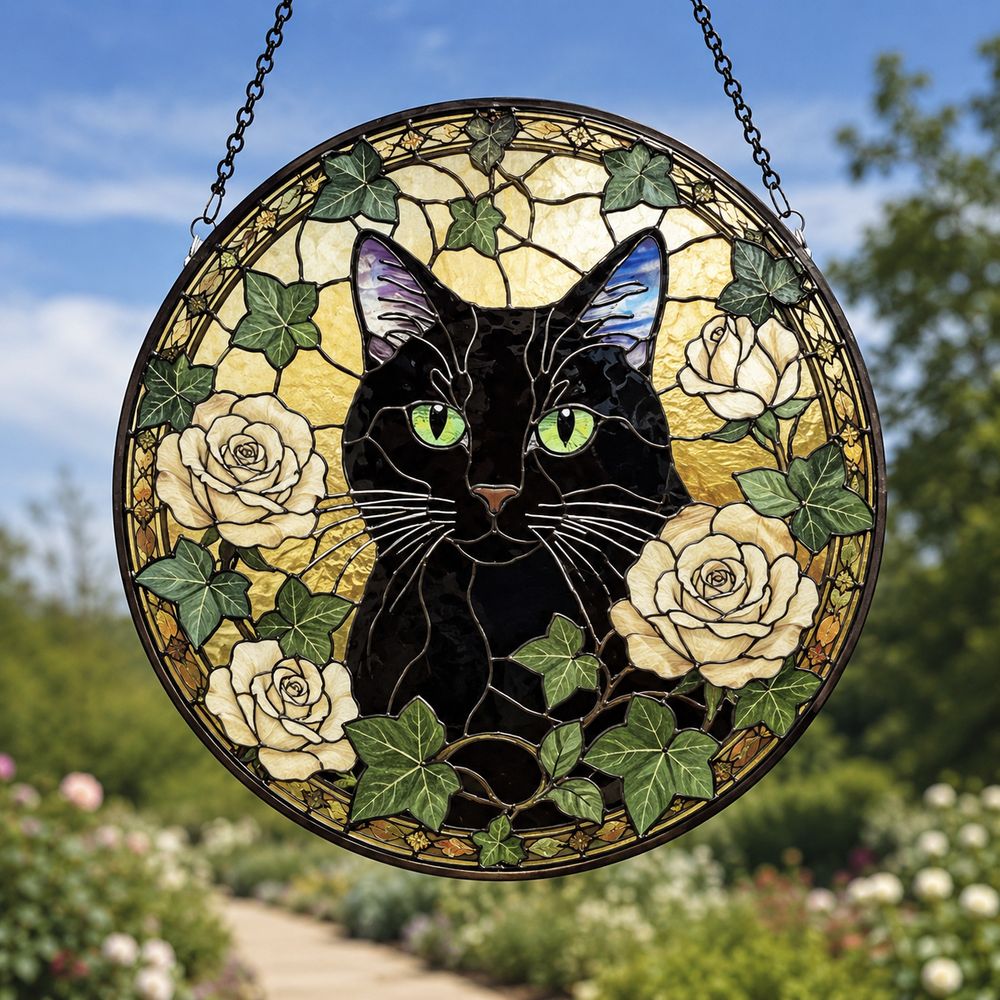 Cat Among Flowers Stained Glass Style Suncatcher, Window Decor, Home Decoration, Gift For Cat Lovers And Garden Enthusiasts - Style 5