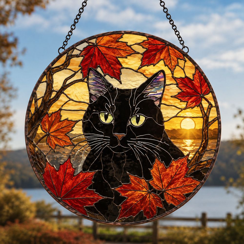 Cat Among Flowers Stained Glass Style Suncatcher, Window Decor, Home Decoration, Gift For Cat Lovers And Garden Enthusiasts - Style 6