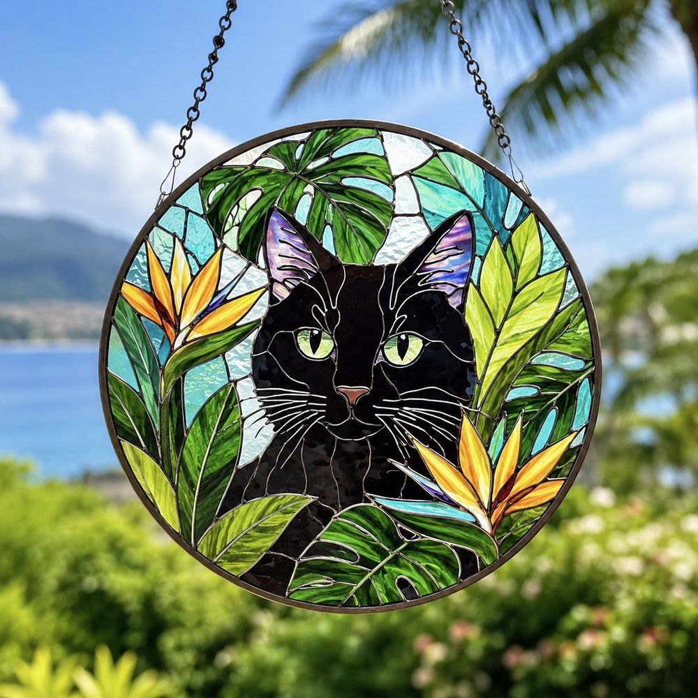 Cat Among Flowers Stained Glass Style Suncatcher, Window Decor, Home Decoration, Gift For Cat Lovers And Garden Enthusiasts - Style 9