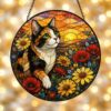 Cat Stained Glass Suncatcher Calico Cat Window Hanging Cat Sun Catcher Cat With Wildflowers Glass Art Gift For Cat Lovers - Style 1