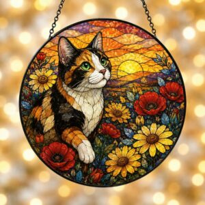 Cat Stained Glass Suncatcher Calico Cat Window Hanging Cat Sun Catcher Cat With Wildflowers Glass Art Gift For Cat Lovers - Style 1