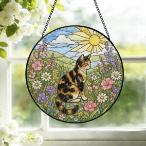 Cat Stained Glass Suncatcher Calico Cat Window Hanging Cat Sun Catcher Cat With Wildflowers Glass Art Gift For Cat Lovers - Style 1