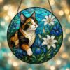 Cat Stained Glass Suncatcher Calico Cat Window Hanging Cat Sun Catcher Cat With Wildflowers Glass Art Gift For Cat Lovers - Style 10