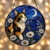 Cat Stained Glass Suncatcher Calico Cat Window Hanging Cat Sun Catcher Cat With Wildflowers Glass Art Gift For Cat Lovers - Style 2