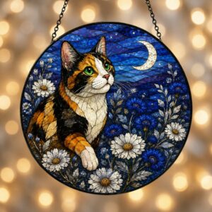 Cat Stained Glass Suncatcher Calico Cat Window Hanging Cat Sun Catcher Cat With Wildflowers Glass Art Gift For Cat Lovers - Style 2