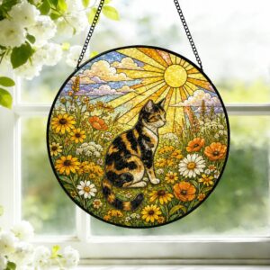 Cat Stained Glass Suncatcher Calico Cat Window Hanging Cat Sun Catcher Cat With Wildflowers Glass Art Gift For Cat Lovers - Style 2