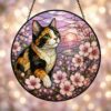 Cat Stained Glass Suncatcher Calico Cat Window Hanging Cat Sun Catcher Cat With Wildflowers Glass Art Gift For Cat Lovers - Style 3