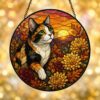 Cat Stained Glass Suncatcher Calico Cat Window Hanging Cat Sun Catcher Cat With Wildflowers Glass Art Gift For Cat Lovers - Style 5
