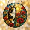 Cat Stained Glass Suncatcher Calico Cat Window Hanging Cat Sun Catcher Cat With Wildflowers Glass Art Gift For Cat Lovers - Style 6