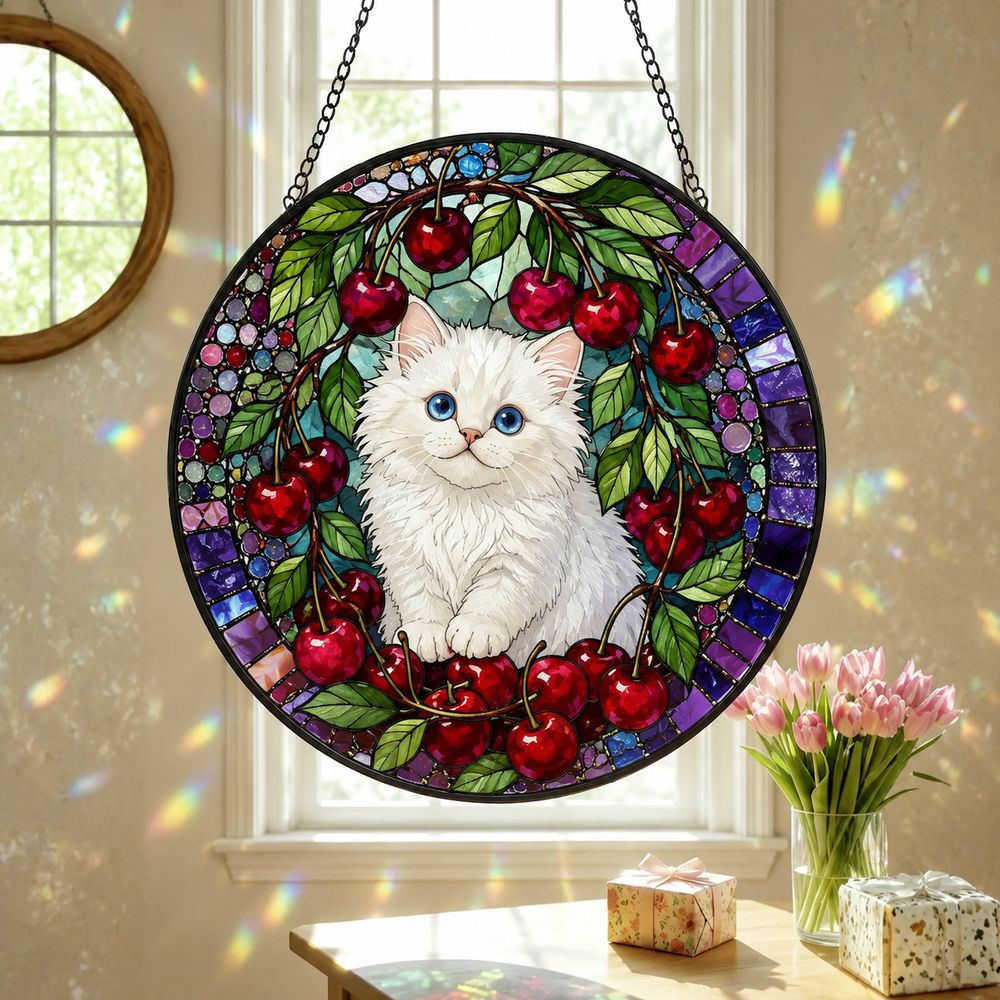 Cat Stained Glass Suncatcher, Cherry Blossom Cat Window Hanging, Floral Sun Catcher, Spring Home Decor, Cat Lover Gift, Mothers Day Gift - Style 1