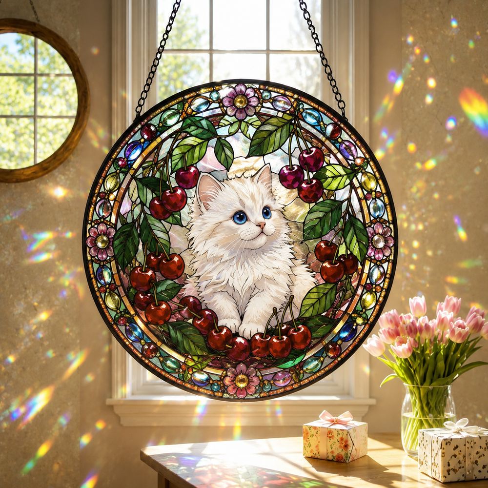 Cat Stained Glass Suncatcher, Cherry Blossom Cat Window Hanging, Floral Sun Catcher, Spring Home Decor, Cat Lover Gift, Mothers Day Gift - Style 10