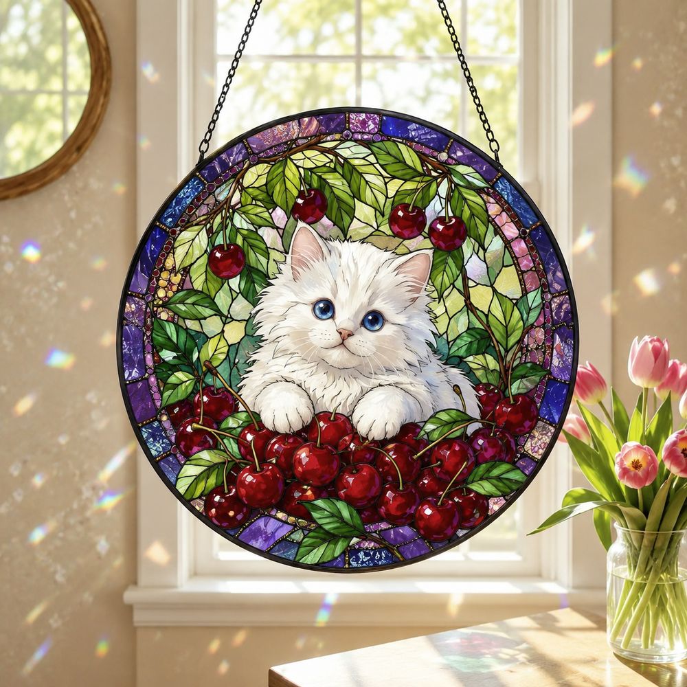 Cat Stained Glass Suncatcher, Cherry Blossom Cat Window Hanging, Floral Sun Catcher, Spring Home Decor, Cat Lover Gift, Mothers Day Gift - Style 2
